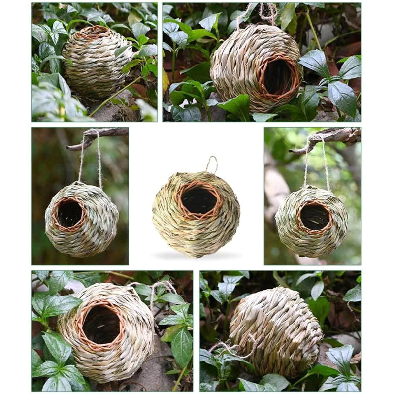 Hand-Woven Bird House Natural Grass Bird Nest Shelter Hut Small Bird Hideaway Outside Sparrows Hanging Parrot Nest Houses Pet B