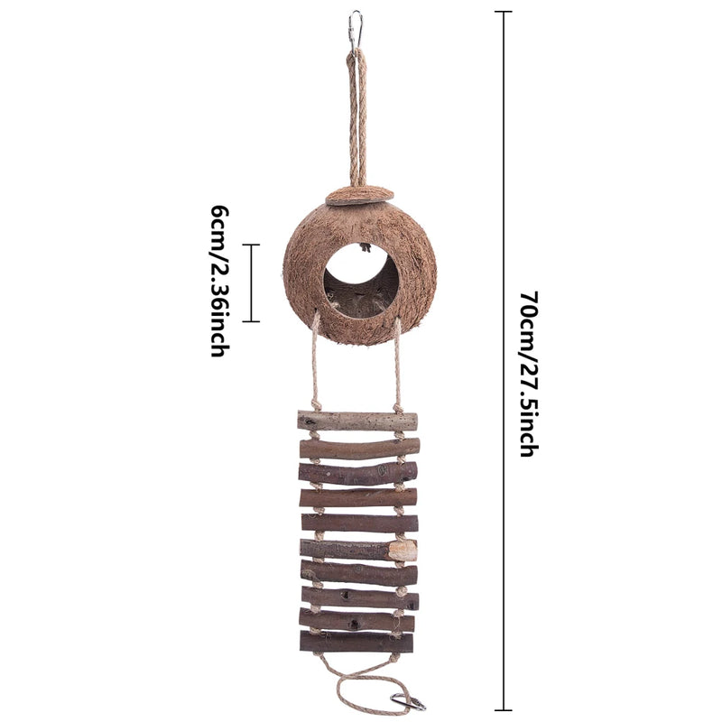 Gaiola para pássaros de casca de coco natural com escada, casa de nidificação, gaiolas para pássaros com 2 ganchos pendurados para pequenos periquitos de estimação