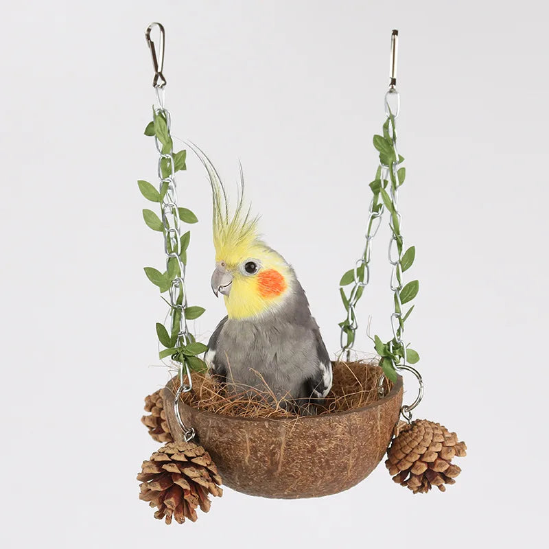 Coconut Bird Nest Hanging Bird House For Cage Bird Swing Toy With Chewing Toy Parrots Hanging Bed Breeding Nesting