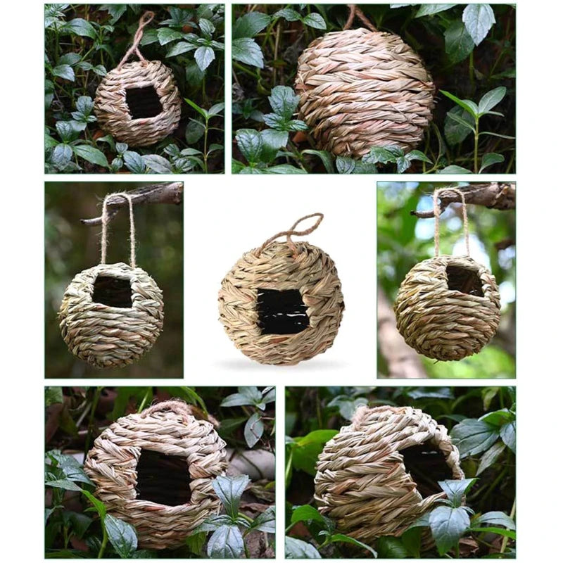 Hand-Woven Bird House Natural Grass Bird Nest Shelter Hut Small Bird Hideaway Outside Sparrows Hanging Parrot Nest Houses Pet B