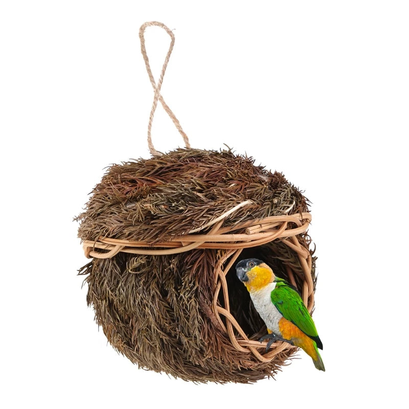 Hand-Woven Bird House Natural Grass Bird Nest Shelter Hut Small Bird Hideaway Outside Sparrows Hanging Parrot Nest Houses Pet B