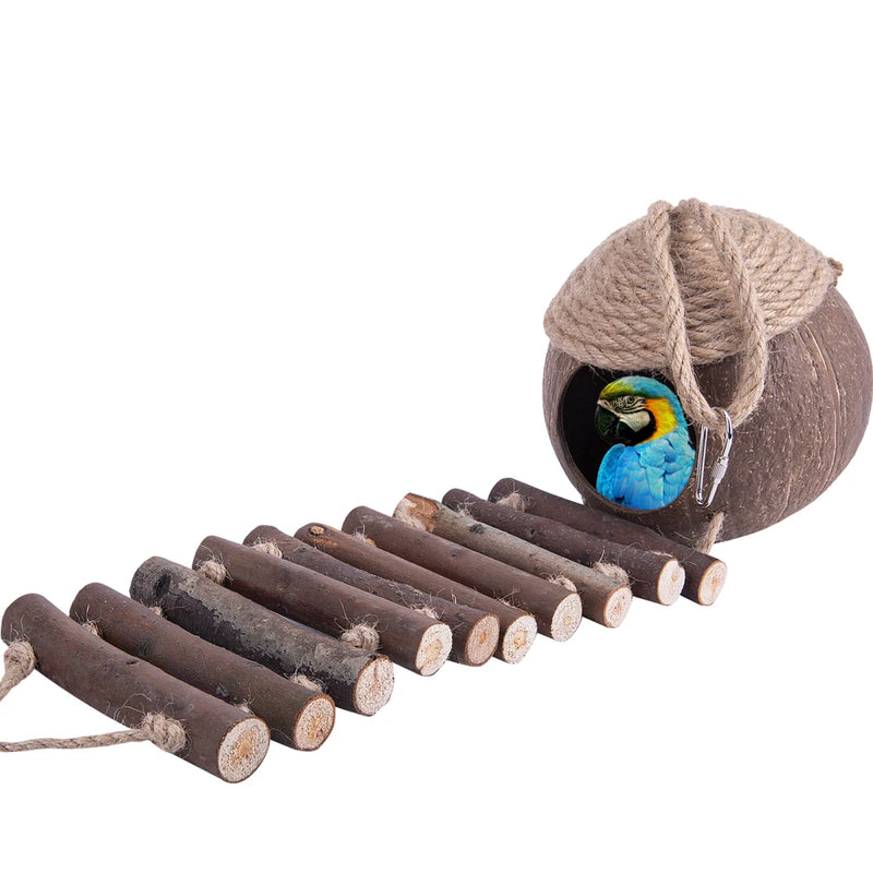 Natural Coconut Shell Bird Cage With Ladder Nesting House Bird Cages With 2 Hanging Hooks For Small Pet Parakeets