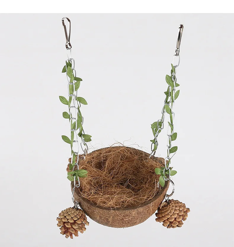 Coconut Bird Nest Hanging Bird House For Cage Bird Swing Toy With Chewing Toy Parrots Hanging Bed Breeding Nesting