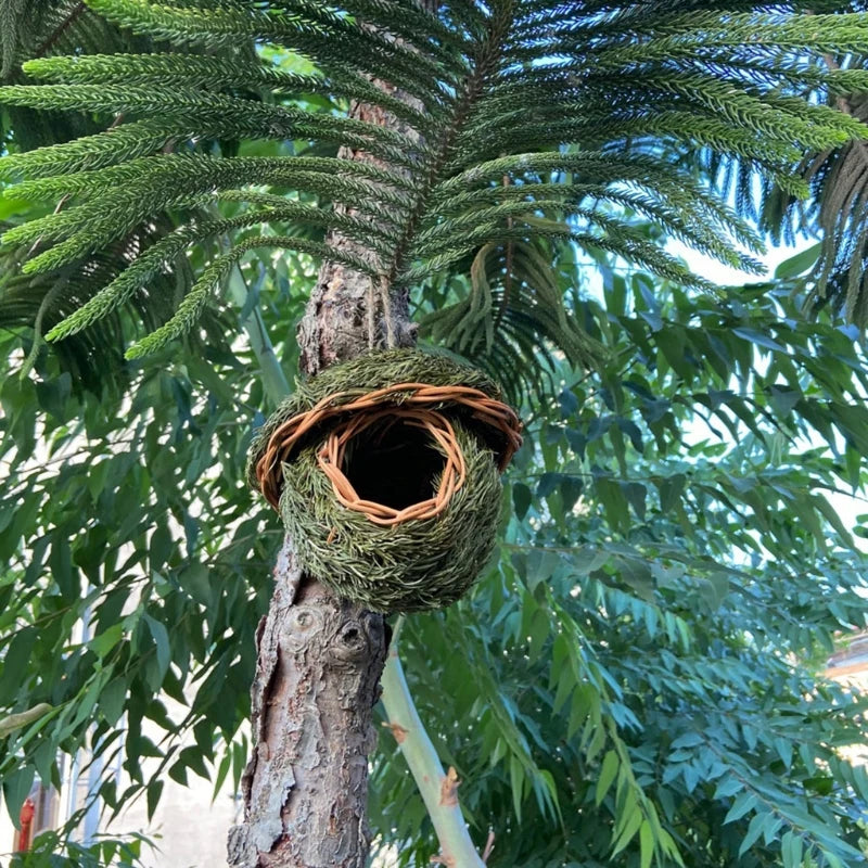 Casa para pássaros feita à mão, abrigo para ninho de pássaros de grama natural, abrigo para pássaros pequenos, abrigo para pardais externos, casas para ninhos de papagaios pendurados, animais de estimação B