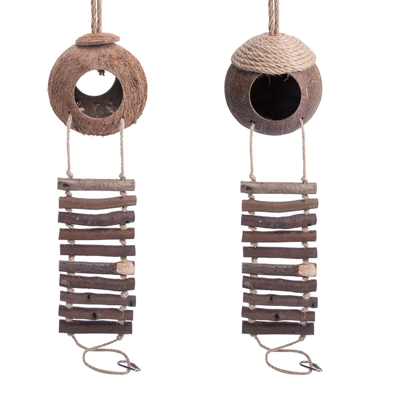 Natural Coconut Shell Bird Cage With Ladder Nesting House Bird Cages With 2 Hanging Hooks For Small Pet Parakeets