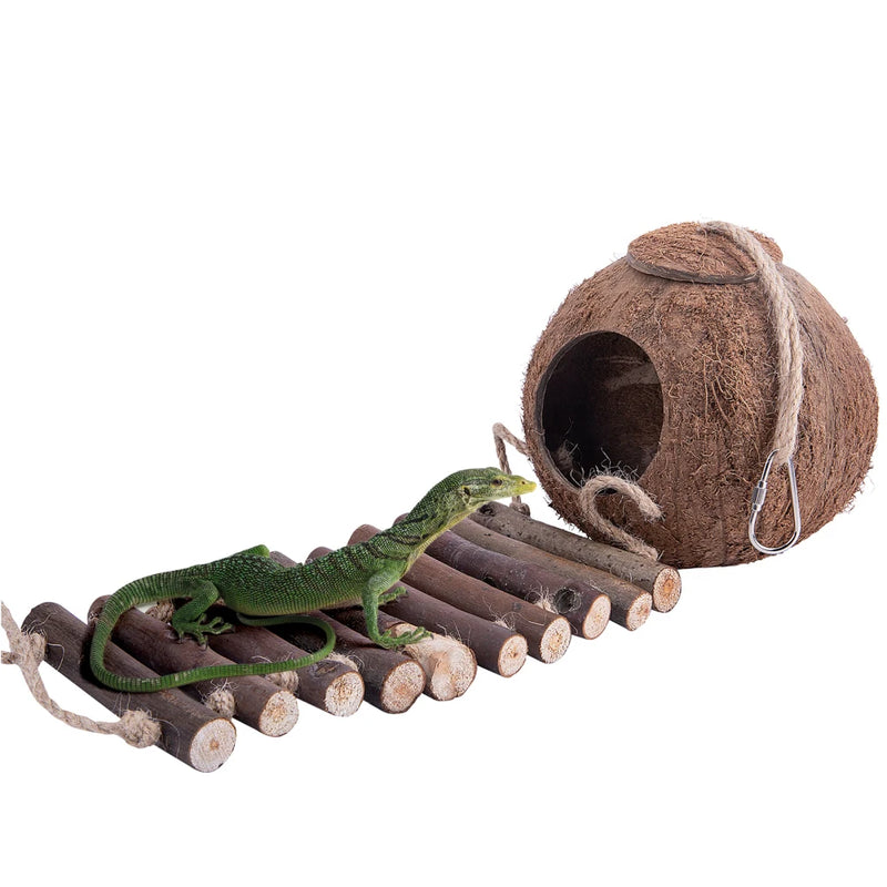 Natural Coconut Shell Bird Cage With Ladder Nesting House Bird Cages With 2 Hanging Hooks For Small Pet Parakeets