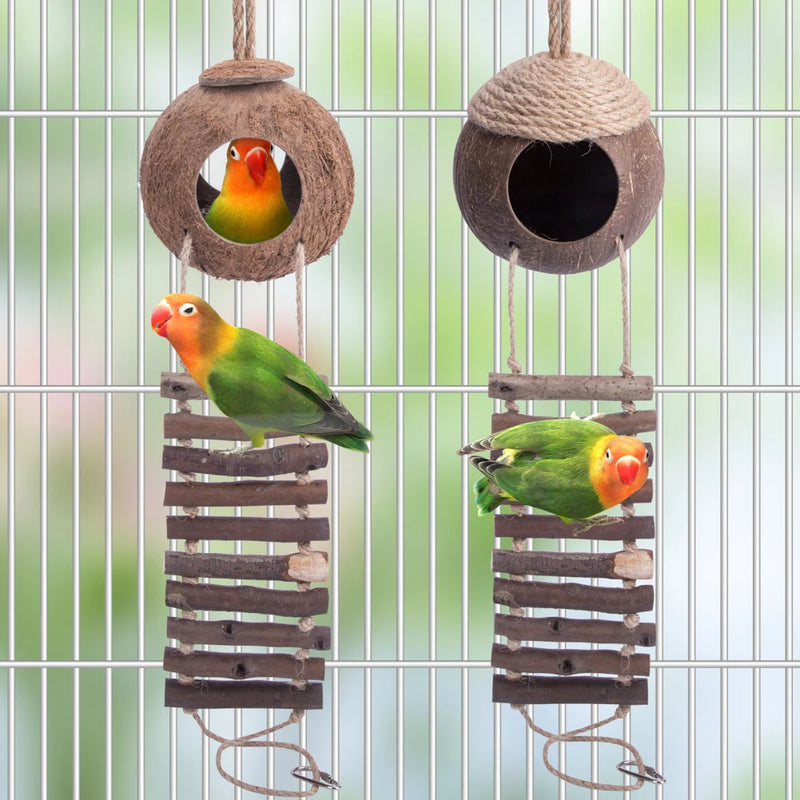 Gaiola para pássaros de casca de coco natural com escada, casa de nidificação, gaiolas para pássaros com 2 ganchos pendurados para pequenos periquitos de estimação