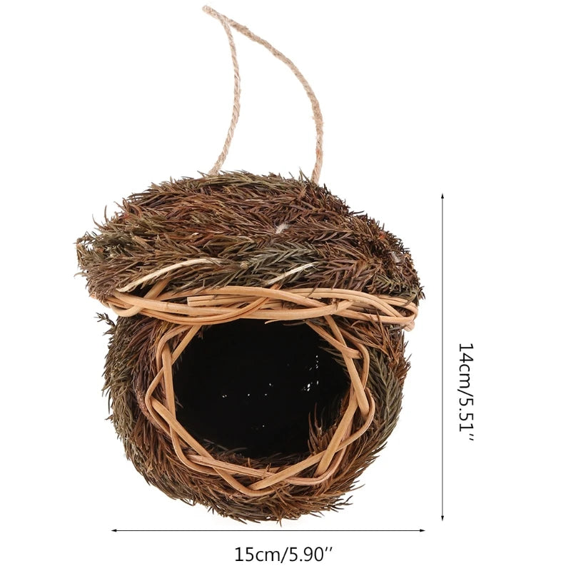 Casa para pássaros feita à mão, abrigo para ninho de pássaros de grama natural, abrigo para pássaros pequenos, abrigo para pardais externos, casas para ninhos de papagaios pendurados, animais de estimação B