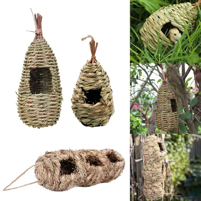 Hand-Woven Bird House Natural Grass Bird Nest Shelter Hut Small Bird Hideaway Outside Sparrows Hanging Parrot Nest Houses Pet B