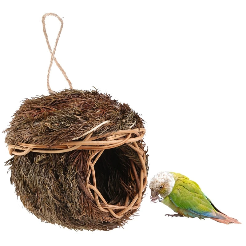 Hand-Woven Bird House Natural Grass Bird Nest Shelter Hut Small Bird Hideaway Outside Sparrows Hanging Parrot Nest Houses Pet B