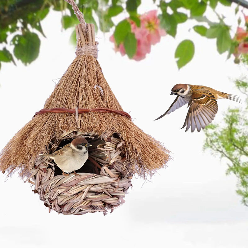 Casa para pássaros Wren Finch, feita à mão, casa para pássaros, grama, cabana para pássaros, casa para pássaros para áreas externas, gramado interno, pátio, casa