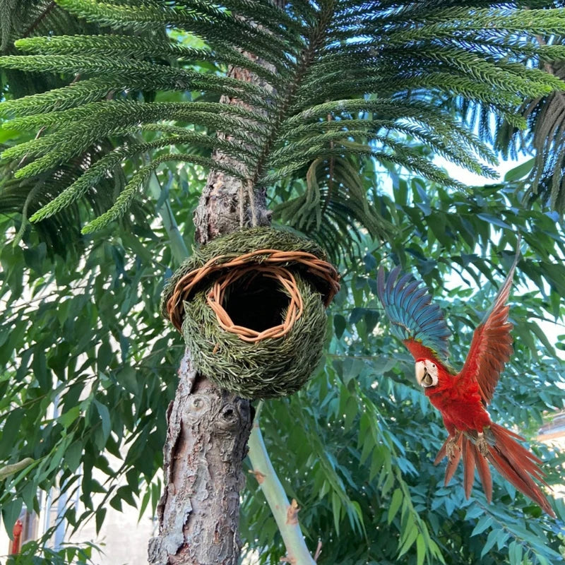 Casa para pássaros feita à mão, abrigo para ninho de pássaros de grama natural, abrigo para pássaros pequenos, abrigo para pardais externos, casas para ninhos de papagaios pendurados, animais de estimação B