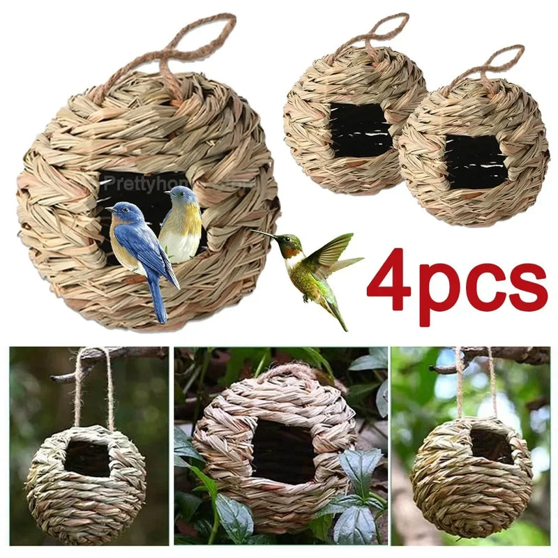 Hummingbird Nest House Birds Nest Bird Cage Hanging Bird House Hand-woven Hung Straw Nest Natural Grass Bird For Garden Patio