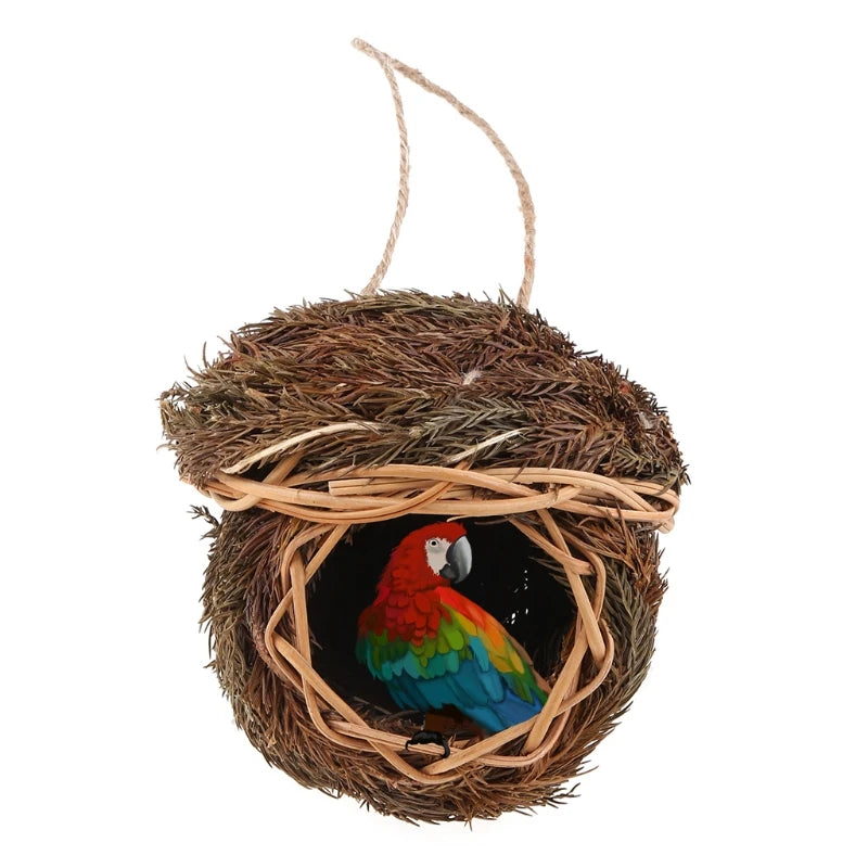 Hand-Woven Bird House Natural Grass Bird Nest Shelter Hut Small Bird Hideaway Outside Sparrows Hanging Parrot Nest Houses Pet B