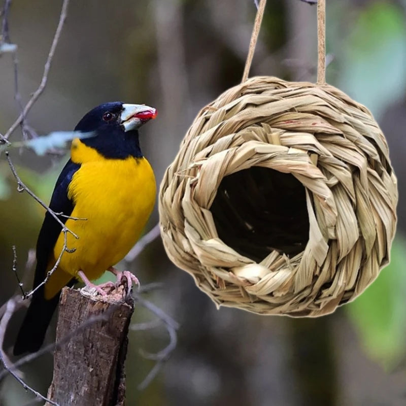 Casa para pássaros feita à mão, abrigo para ninho de pássaros de grama natural, abrigo para pássaros pequenos, abrigo para pardais externos, casas para ninhos de papagaios pendurados, animais de estimação B