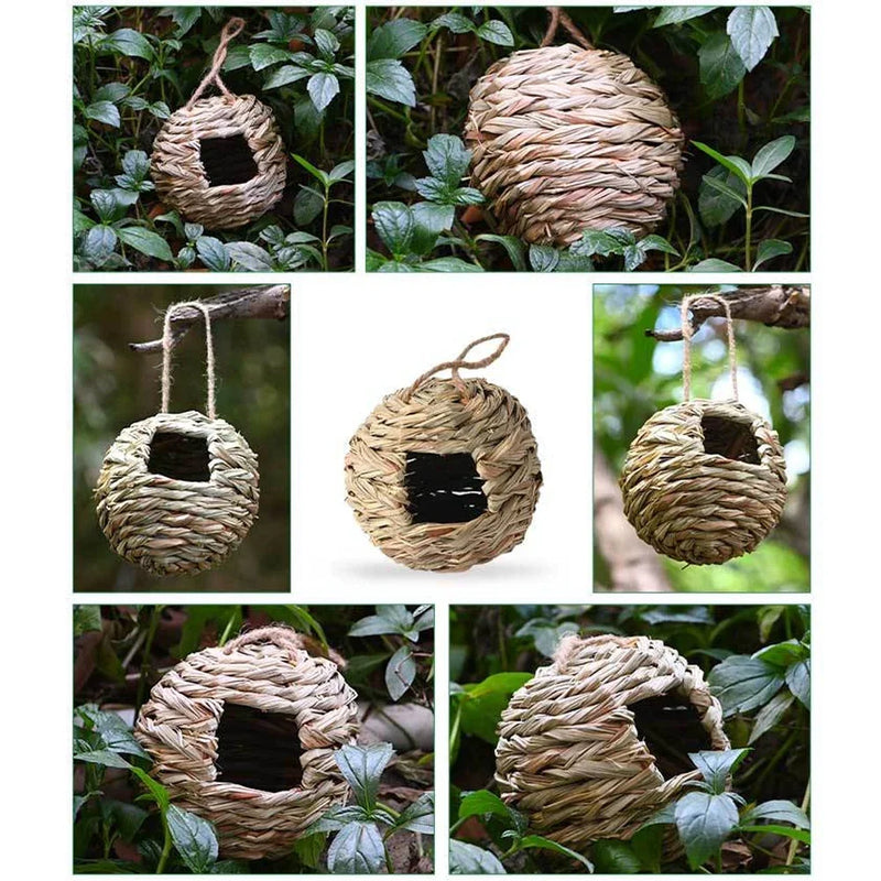 Hummingbird Nest House Birds Nest Bird Cage Hanging Bird House Hand-woven Hung Straw Nest Natural Grass Bird For Garden Patio