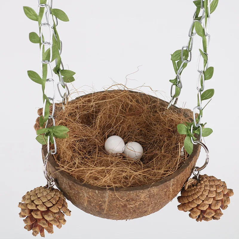 Coconut Bird Nest Hanging Bird House For Cage Bird Swing Toy With Chewing Toy Parrots Hanging Bed Breeding Nesting