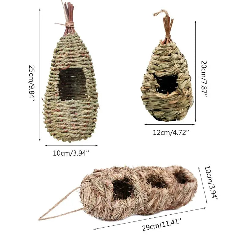 Casa para pássaros feita à mão, abrigo para ninho de pássaros de grama natural, abrigo para pássaros pequenos, abrigo para pardais externos, casas para ninhos de papagaios pendurados, animais de estimação B