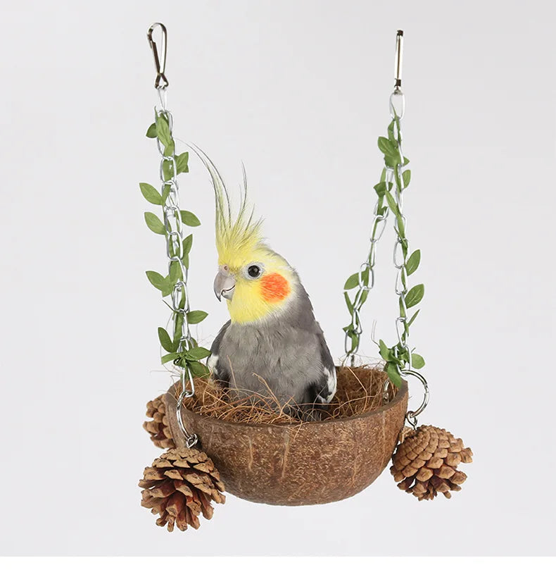 Coconut Bird Nest Hanging Bird House For Cage Bird Swing Toy With Chewing Toy Parrots Hanging Bed Breeding Nesting