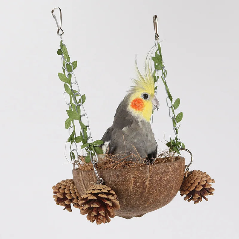 Coconut Bird Nest Hanging Bird House For Cage Bird Swing Toy With Chewing Toy Parrots Hanging Bed Breeding Nesting