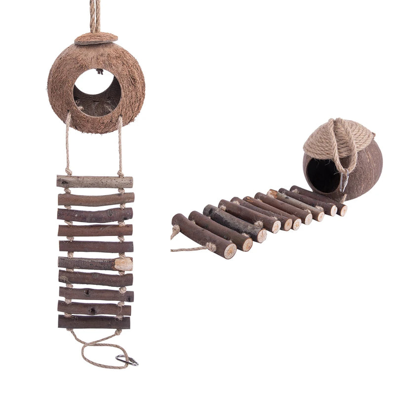 Natural Coconut Shell Bird Cage With Ladder Nesting House Bird Cages With 2 Hanging Hooks For Small Pet Parakeets