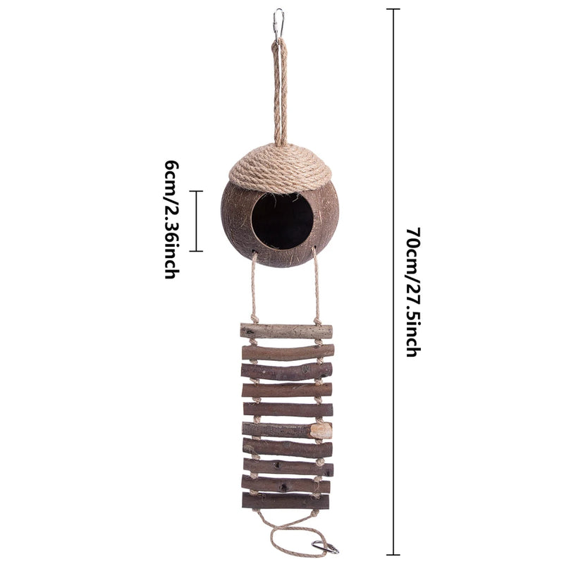 Gaiola para pássaros de casca de coco natural com escada, casa de nidificação, gaiolas para pássaros com 2 ganchos pendurados para pequenos periquitos de estimação